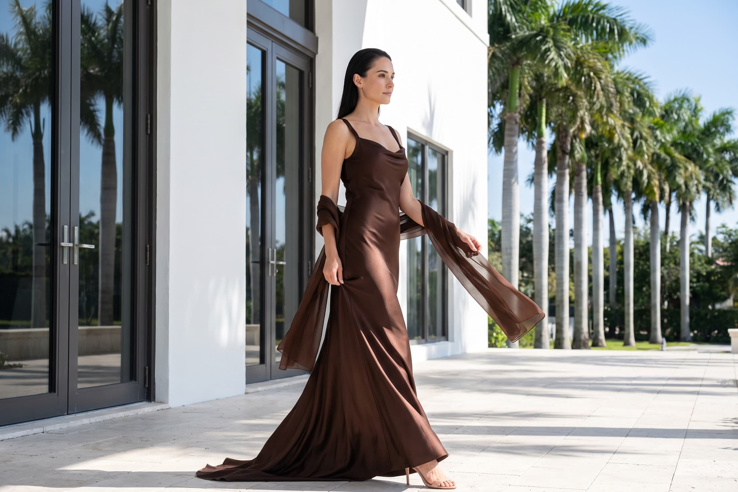 A guest in a chocolate brown satin gown on a sunlit terrace lined with palms.