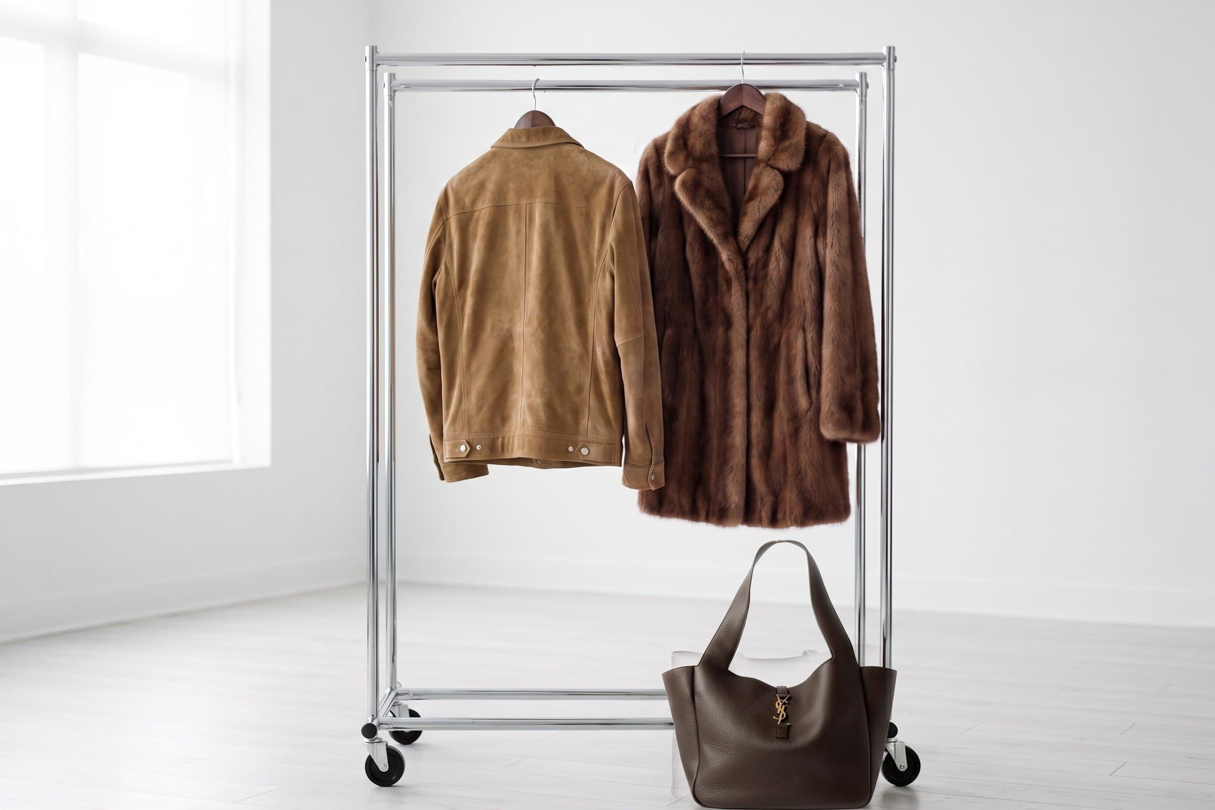 A conditioned leather coat on a tailor's hook inside the Sir Galloway workroom.