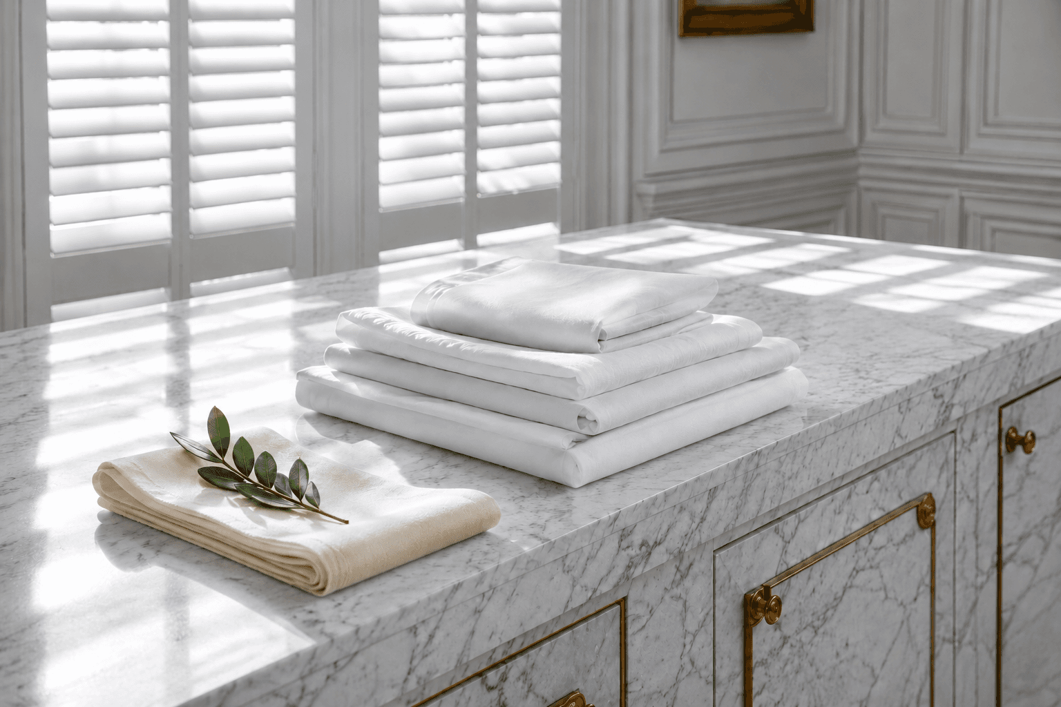 A small considered stack of folded white and cream linens on the marble counter.